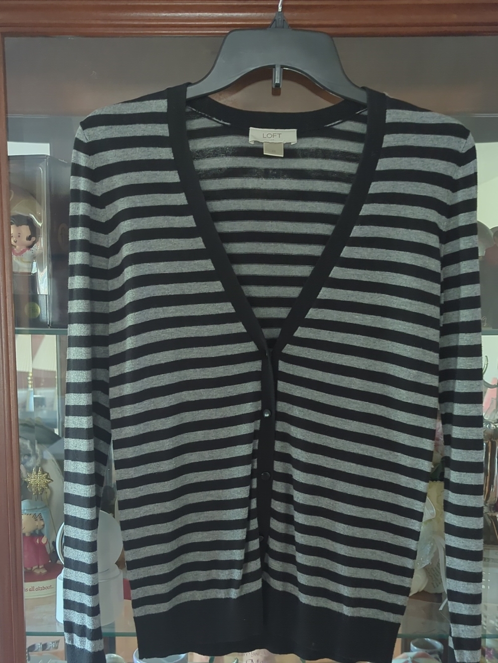 LOFT Black & Gray Striped V-Neck Button Cardigan